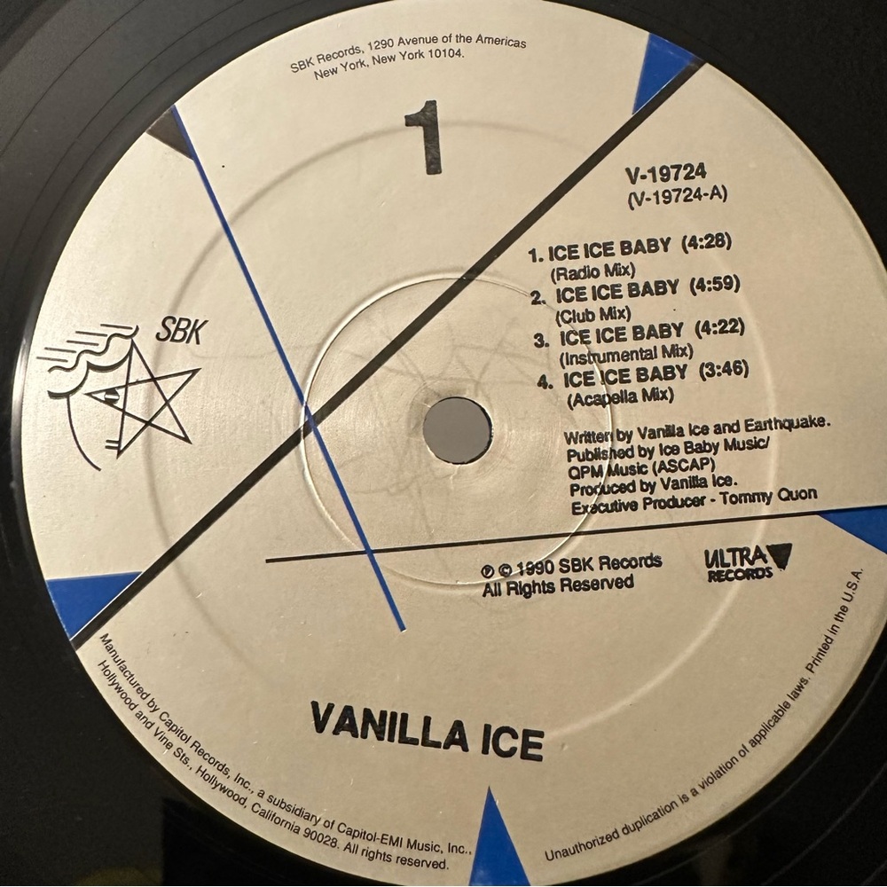 ⭐️ Vintage Vanilla Ice -Ice Ice Baby Vinyl Single Record 1990